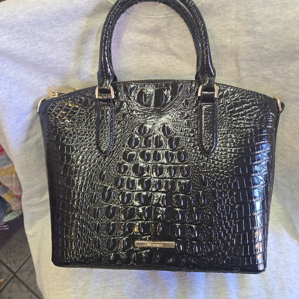 NWT Brahmin Black Melbourne, Crocodile-Embossed Duxbury Satchel Bag